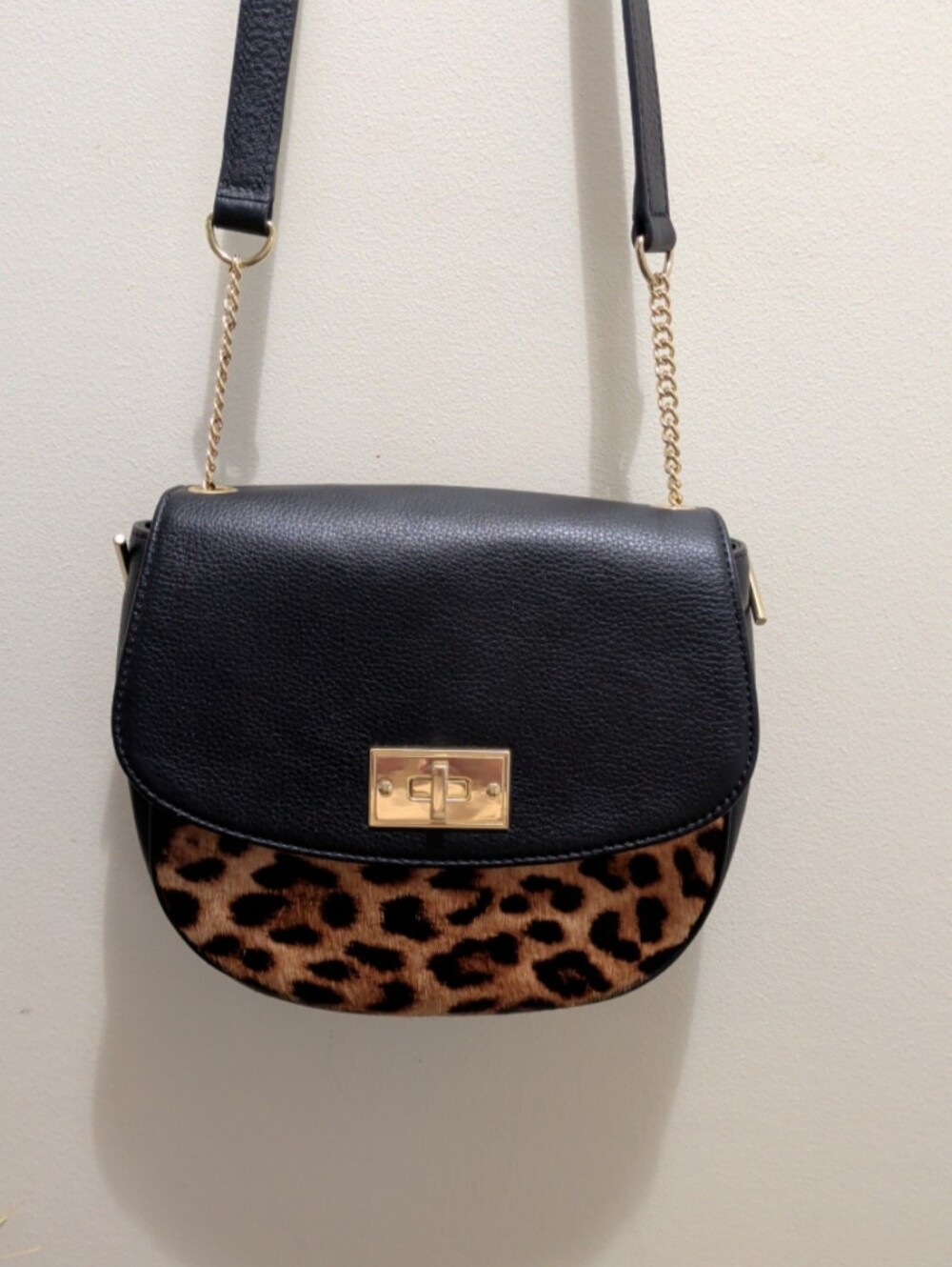 Talbots Black Leather Leopard Print With Gold Tone Accents Crossbody